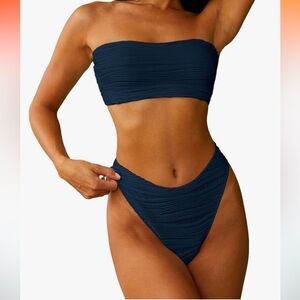 NWT ZAFUL Strapless Wave Bandeau Bikini 2 Piece Cheeky Solid Lace up medium